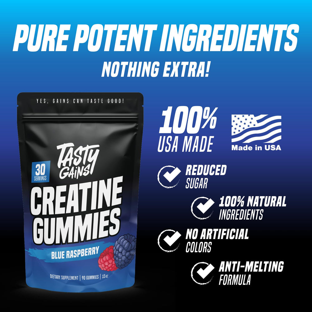 Close-up of blue raspberry flavored creatine gummies