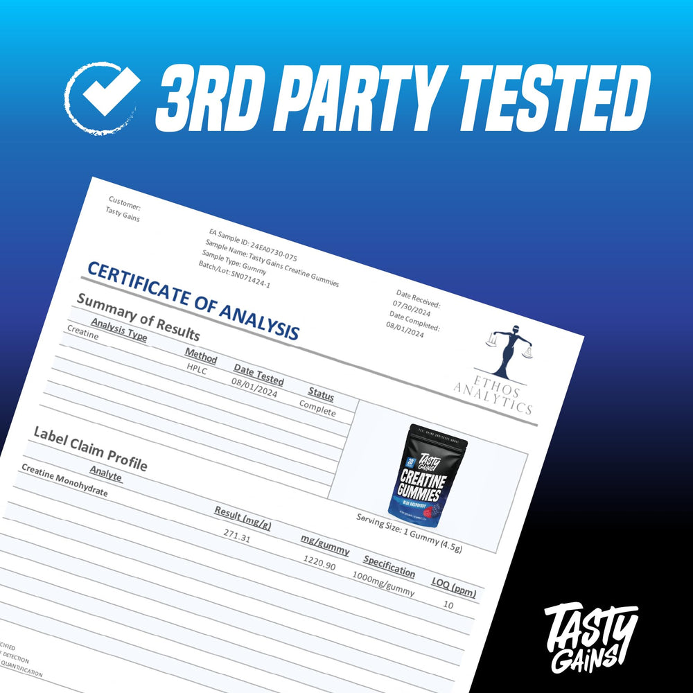 Ingredients and supplement facts label for TASTY GAINS Creatine Gummies
