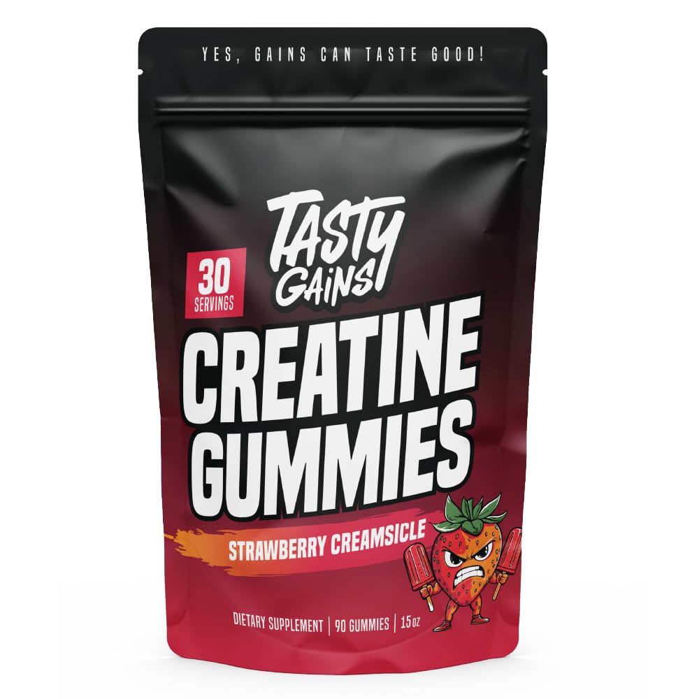 TASTY GAINS Creatine Gummies bottle front supports daily workout routines.