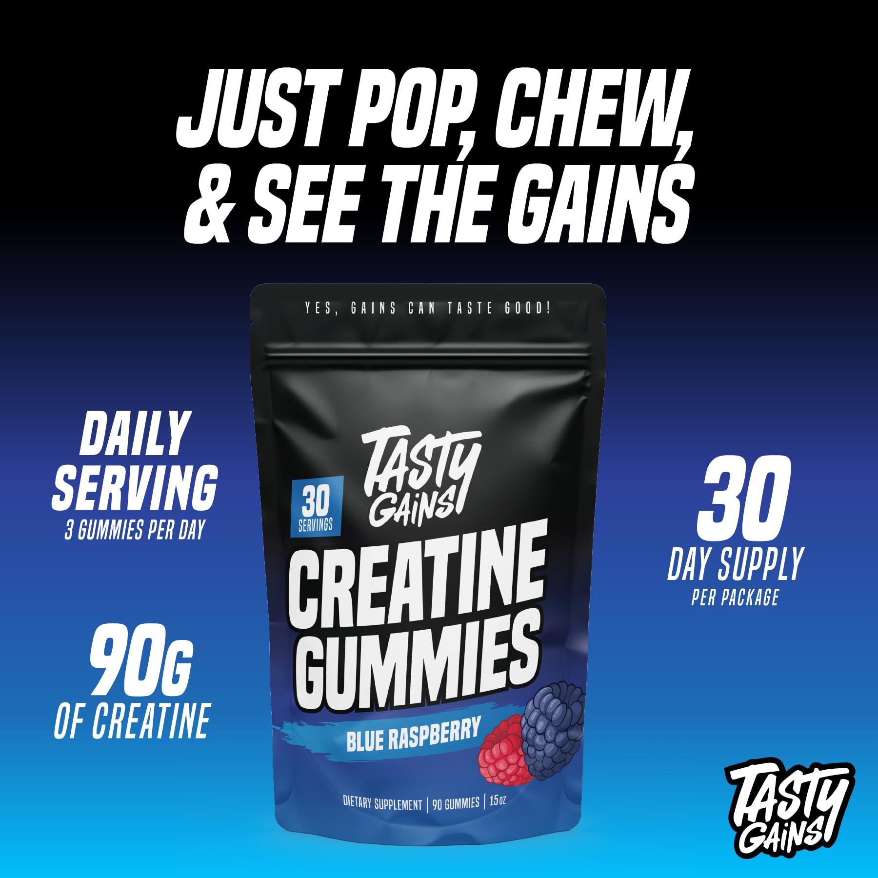 TASTY GAINS Creatine Gummies bottle open, ready for workouts and recovery.