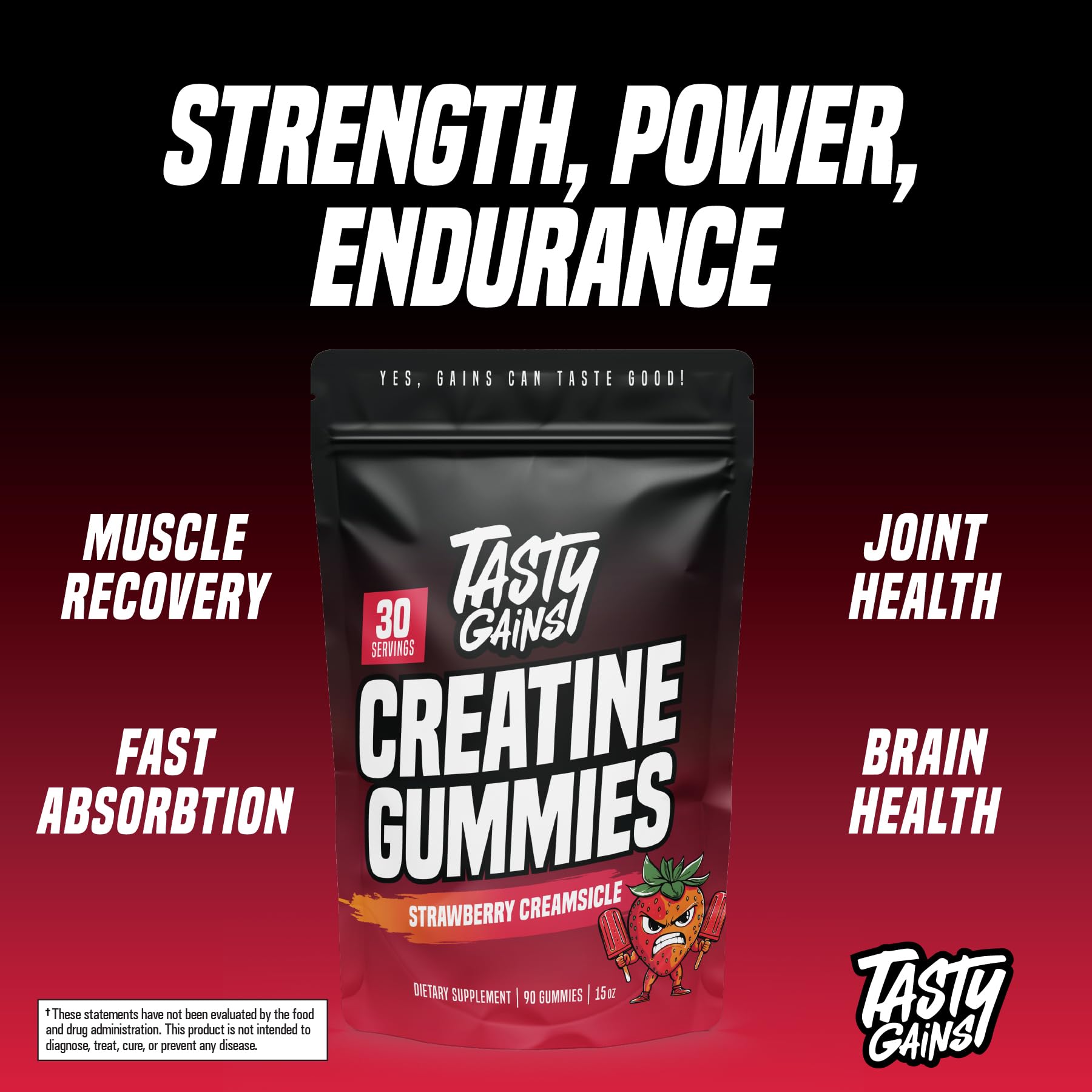 TASTY GAINS Creatine Gummies Strawberry Creamsicle flavor appeals to athletes.