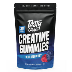 TASTY GAINS Creatine Gummies bottle front view for convenient daily fitness support.