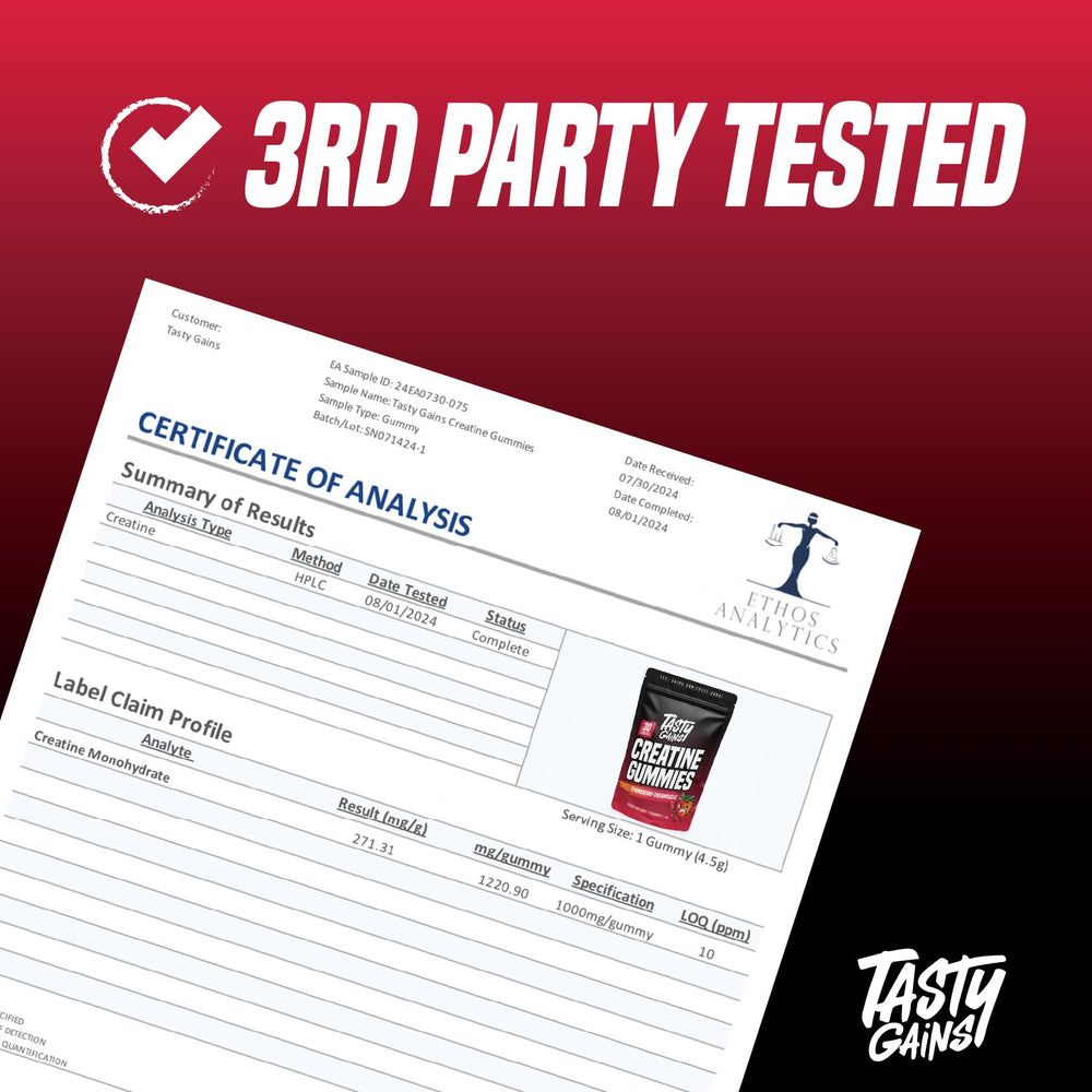 TASTY GAINS Creatine Gummies label shows USA-made, non-GMO quality.