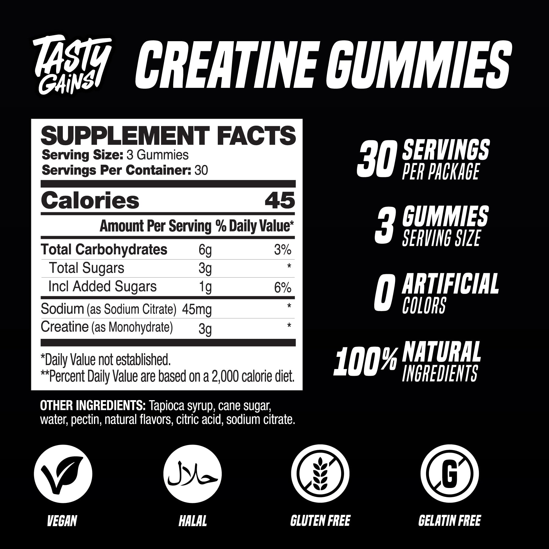 TASTY GAINS Creatine Gummies Made in USA badge highlighting quality ingredients.