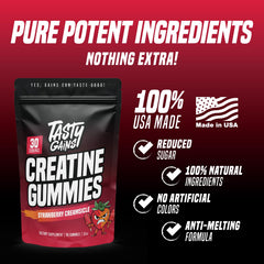 TASTY GAINS Creatine Gummies serving shot ideal for pre- or post-workout routines.