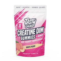 Front view of TASTY GAINS Creatine Gummies for Women packaging