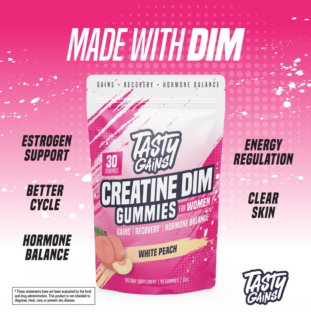 Product packaging and bottle display of TASTY GAINS Creatine Gummies for Women