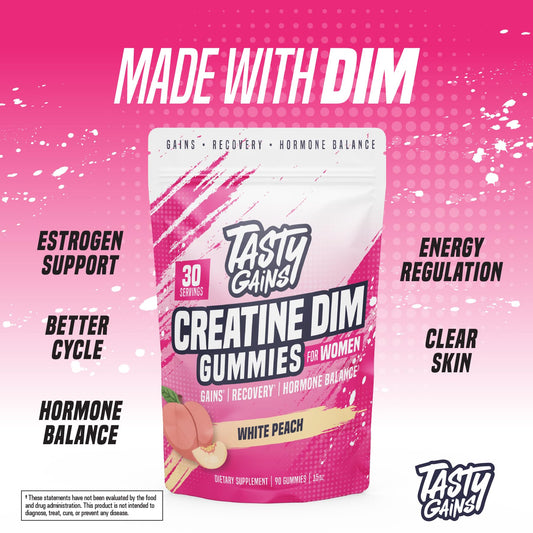Product packaging and bottle display of TASTY GAINS Creatine Gummies for Women