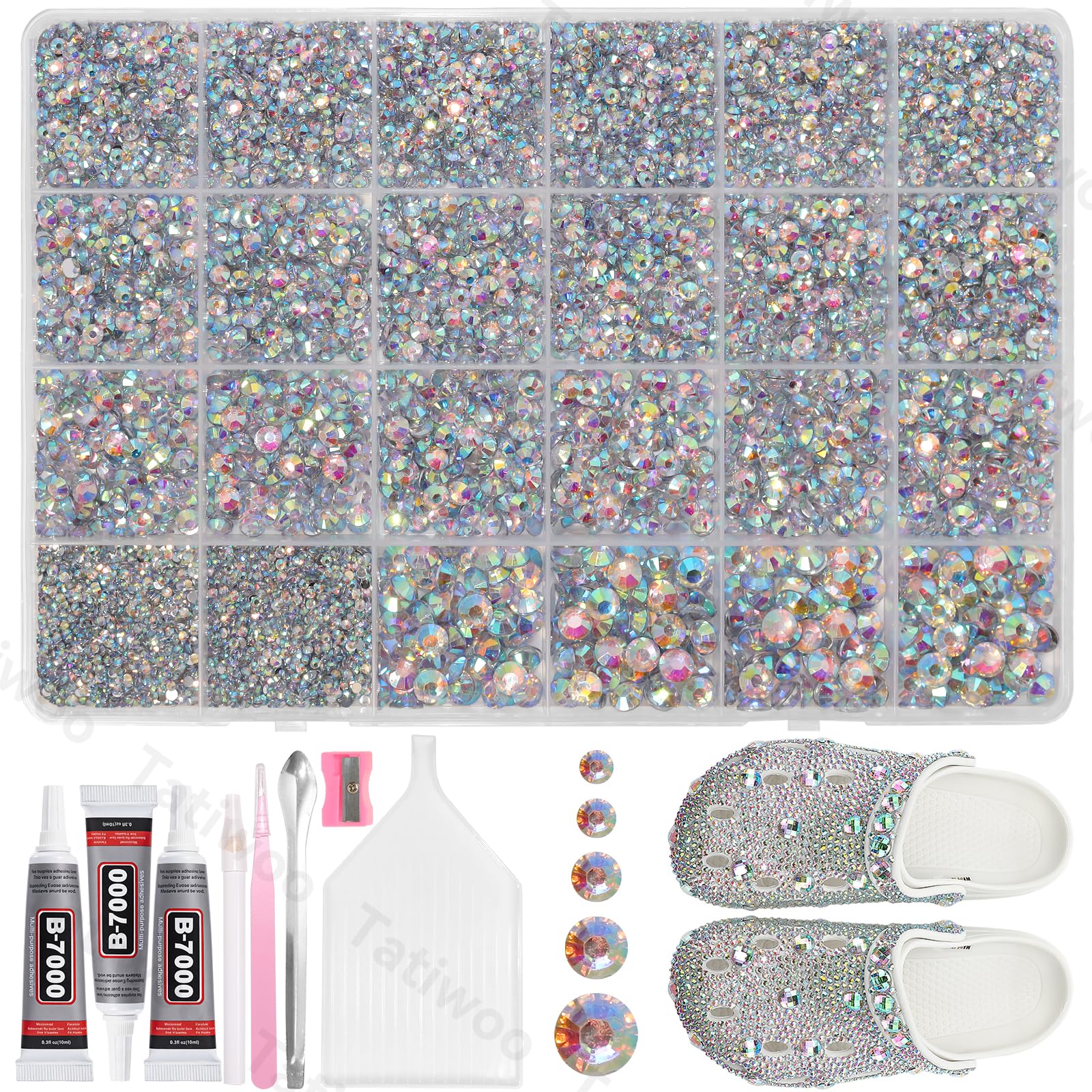 Tatiwoo AB flatback rhinestones in mixed sizes for versatile DIY embellishments.