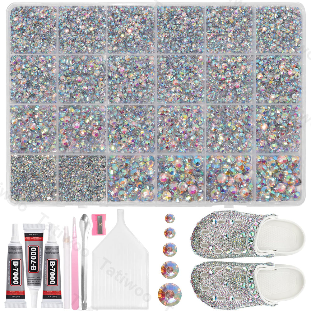 Tatiwoo AB flatback rhinestones in mixed sizes for versatile DIY embellishments.