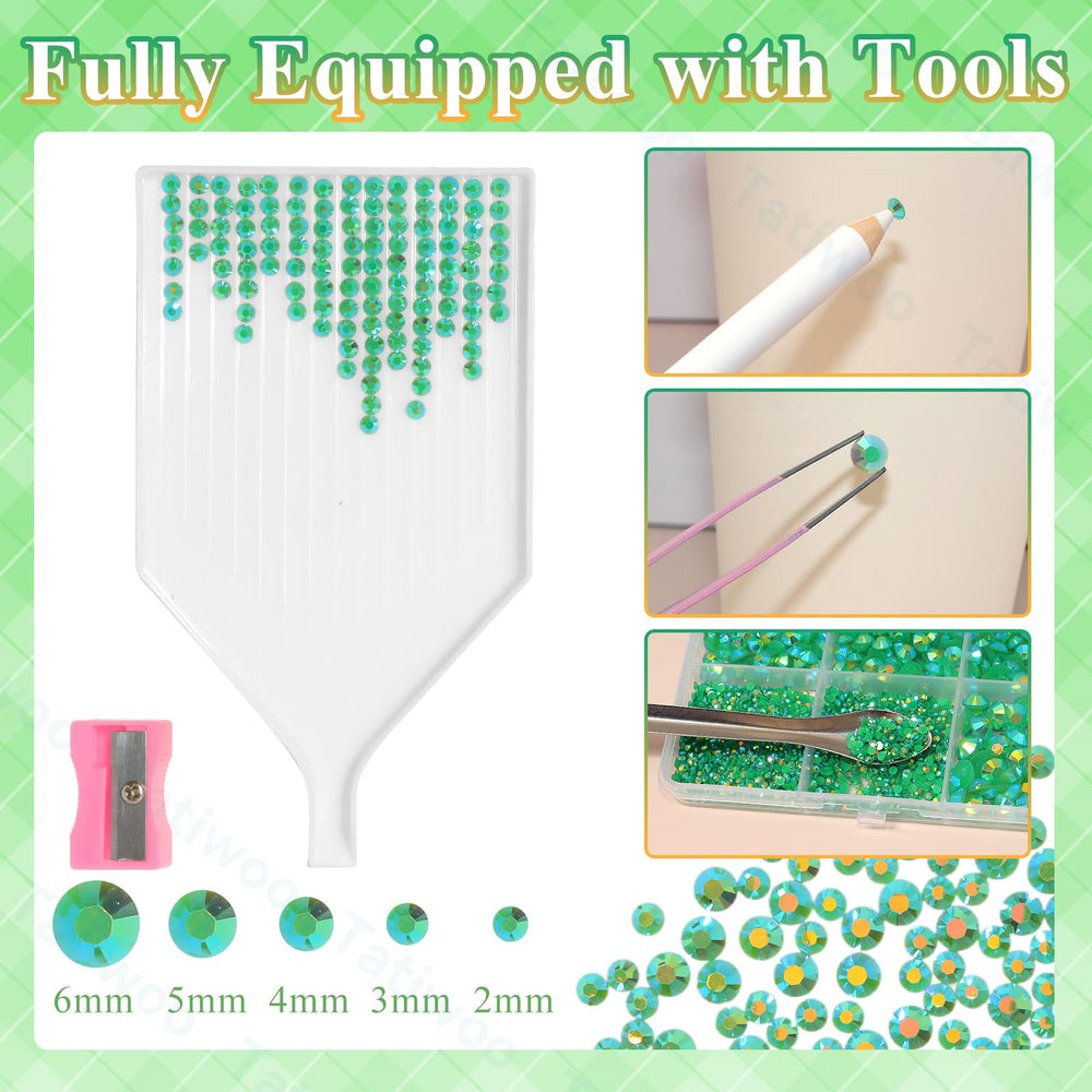 Tatiwoo 3mm dark green flatback rhinestones in a mixed-size collection