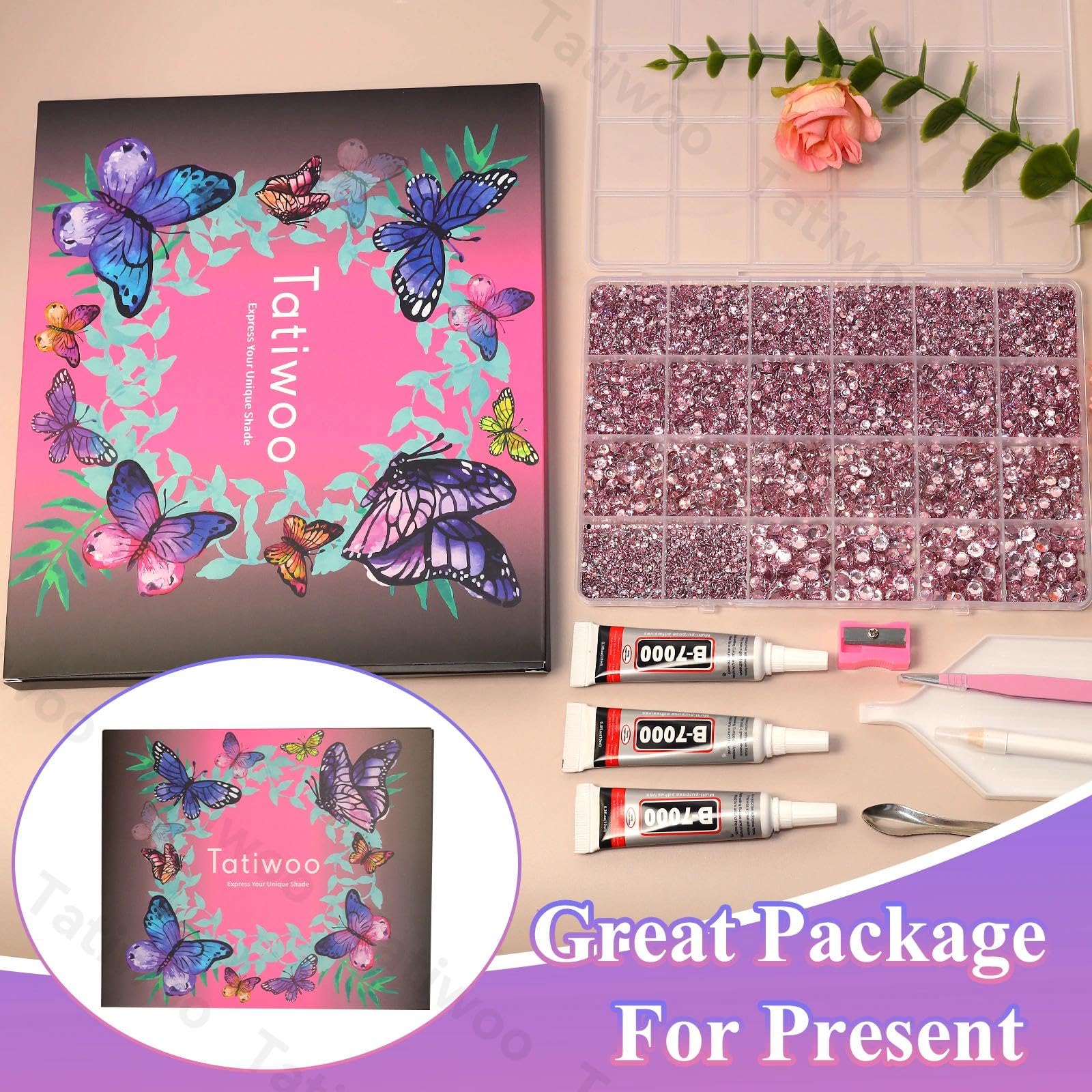 Tatiwoo glue, tweezers, wax pen, and scoop for easy gem placement.