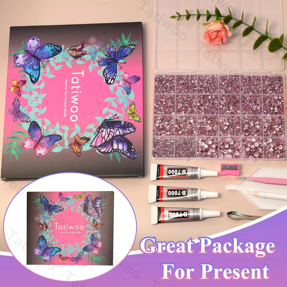Tatiwoo glue, tweezers, wax pen, and scoop for easy gem placement.