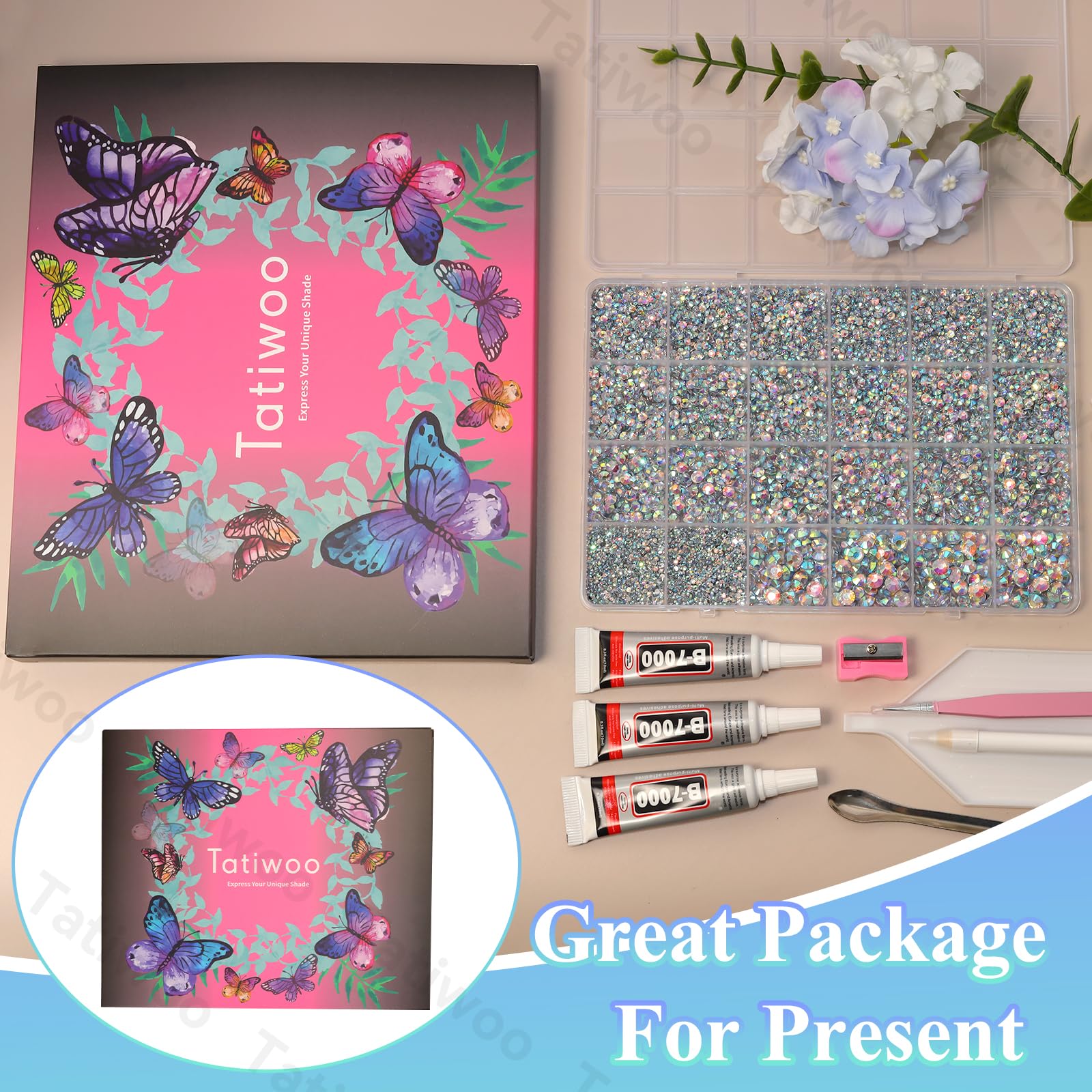 Varied sizes rhinestones kit ready-to-use for rapid decorating.