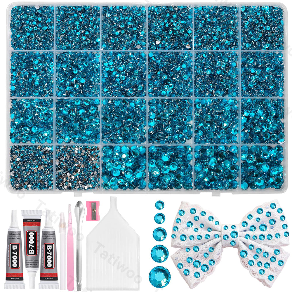 Tatiwoo peacock blue flatback rhinestones kit contents for bedazzling projects.