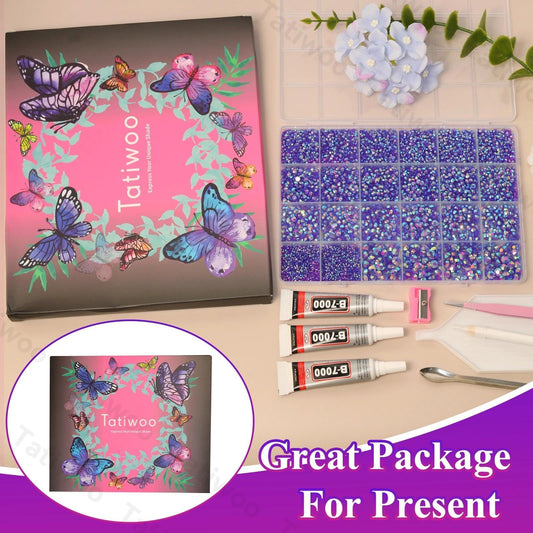 Tatiwoo purple AB rhinestones in assorted sizes for detailed craft designs.
