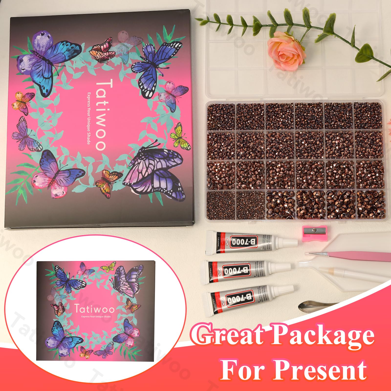 Tatiwoo tweezers, wax pen, scoop and tray for precise placement.
