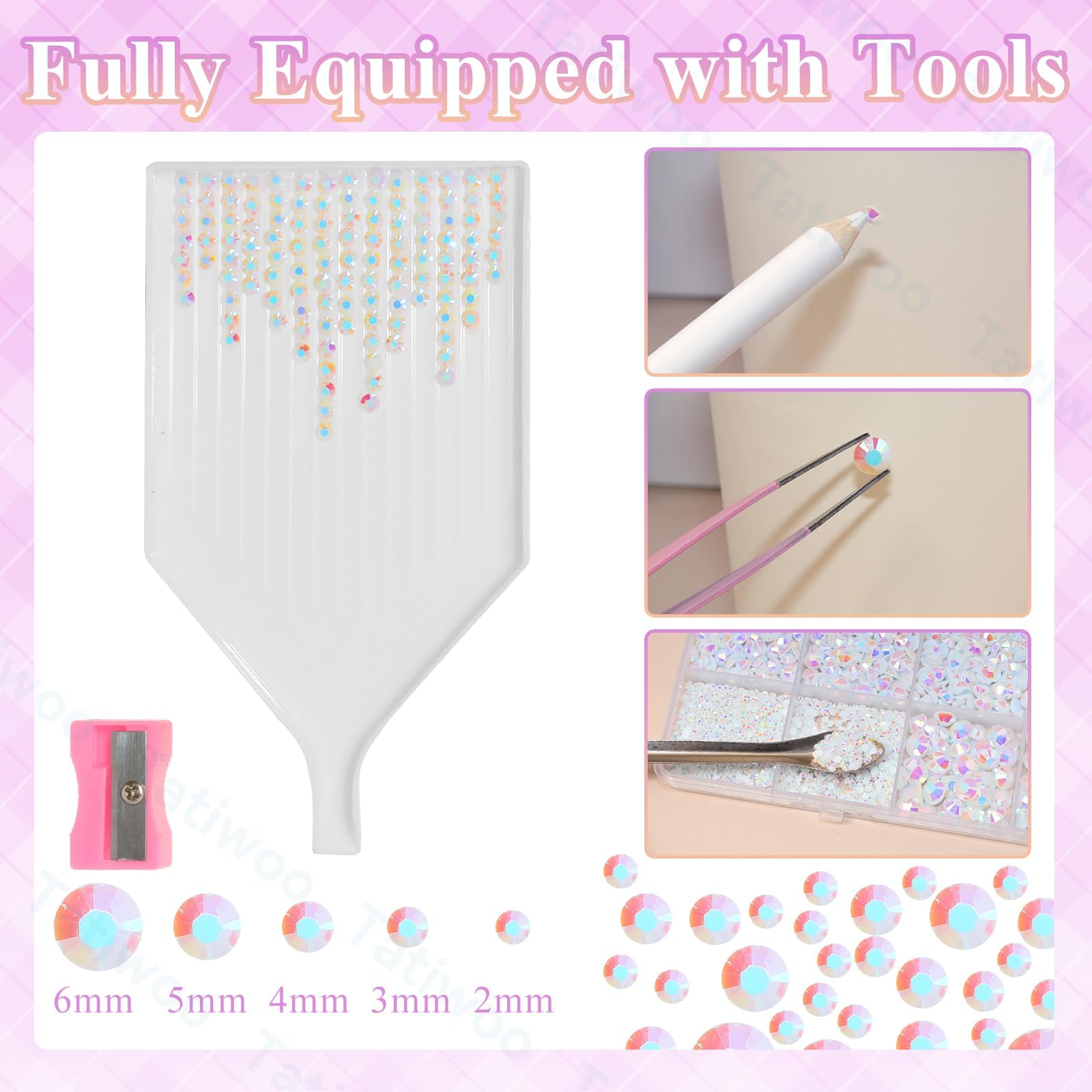Tatiwoo white AB rhinestones 5mm close-up for eye-catching apparel details and glam.