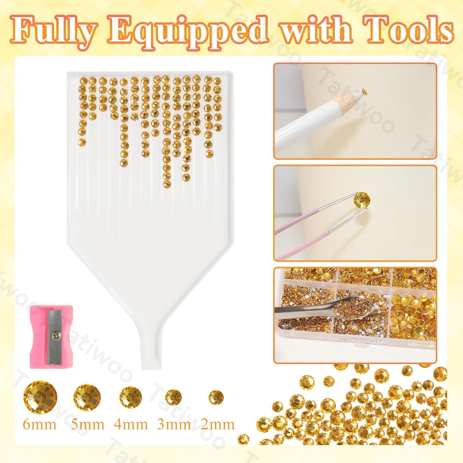 Tatiwoo yellow gold flatback rhinestones in 4mm for bold embellishments.