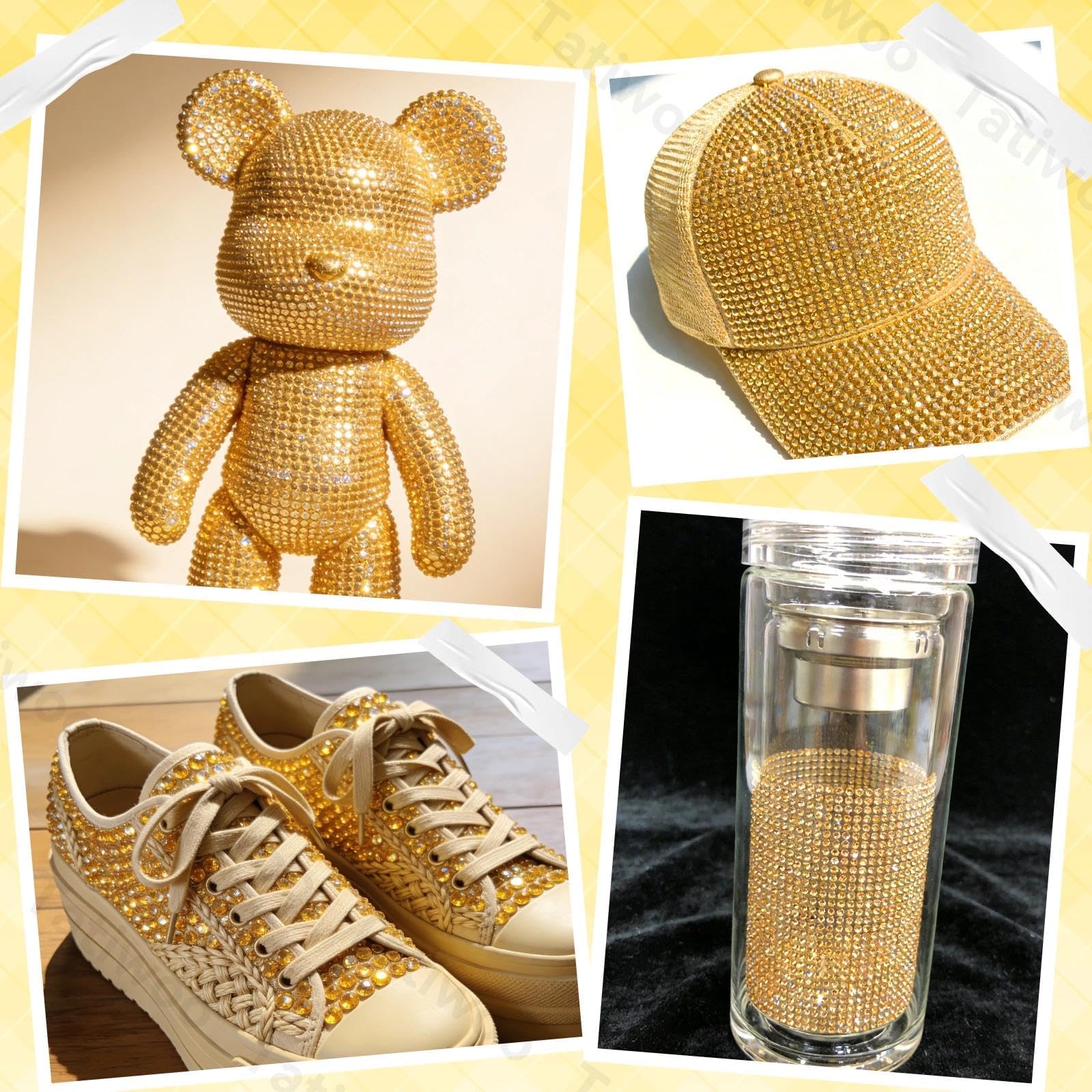 Tatiwoo yellow gold rhinestones shown on fabric for DIY crafts.