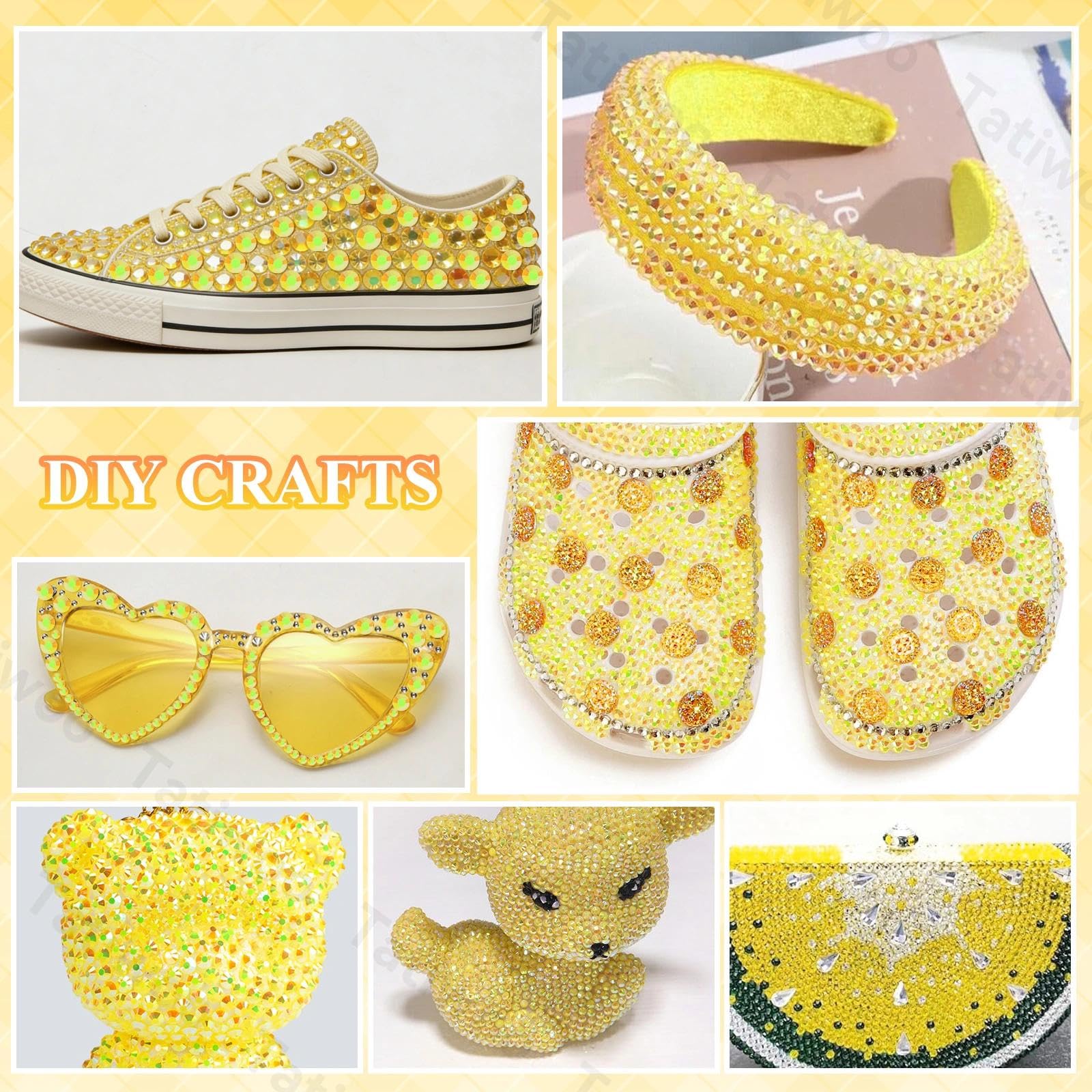 Tatiwoo yellow rhinestones for face and body art, versatile makeup accents.