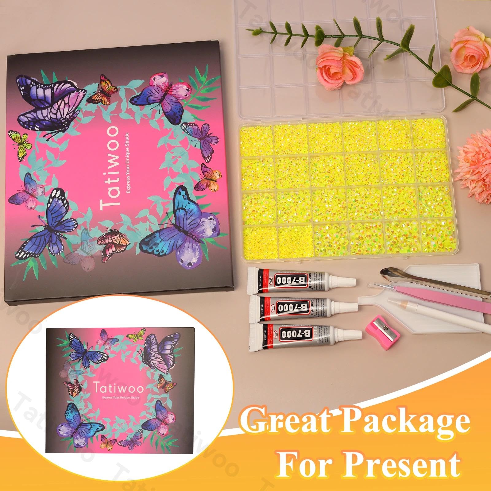 Tatiwoo yellow rhinestones kit, packaging ready-to-use for crafts.