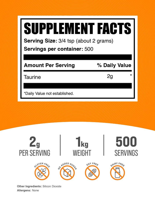 Unflavored Taurine powder in a 1kg bag for shakes.