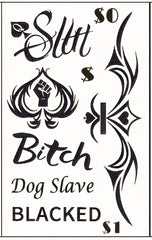 Tavens edgy phrases tattoo sheet for dramatic costume detail.