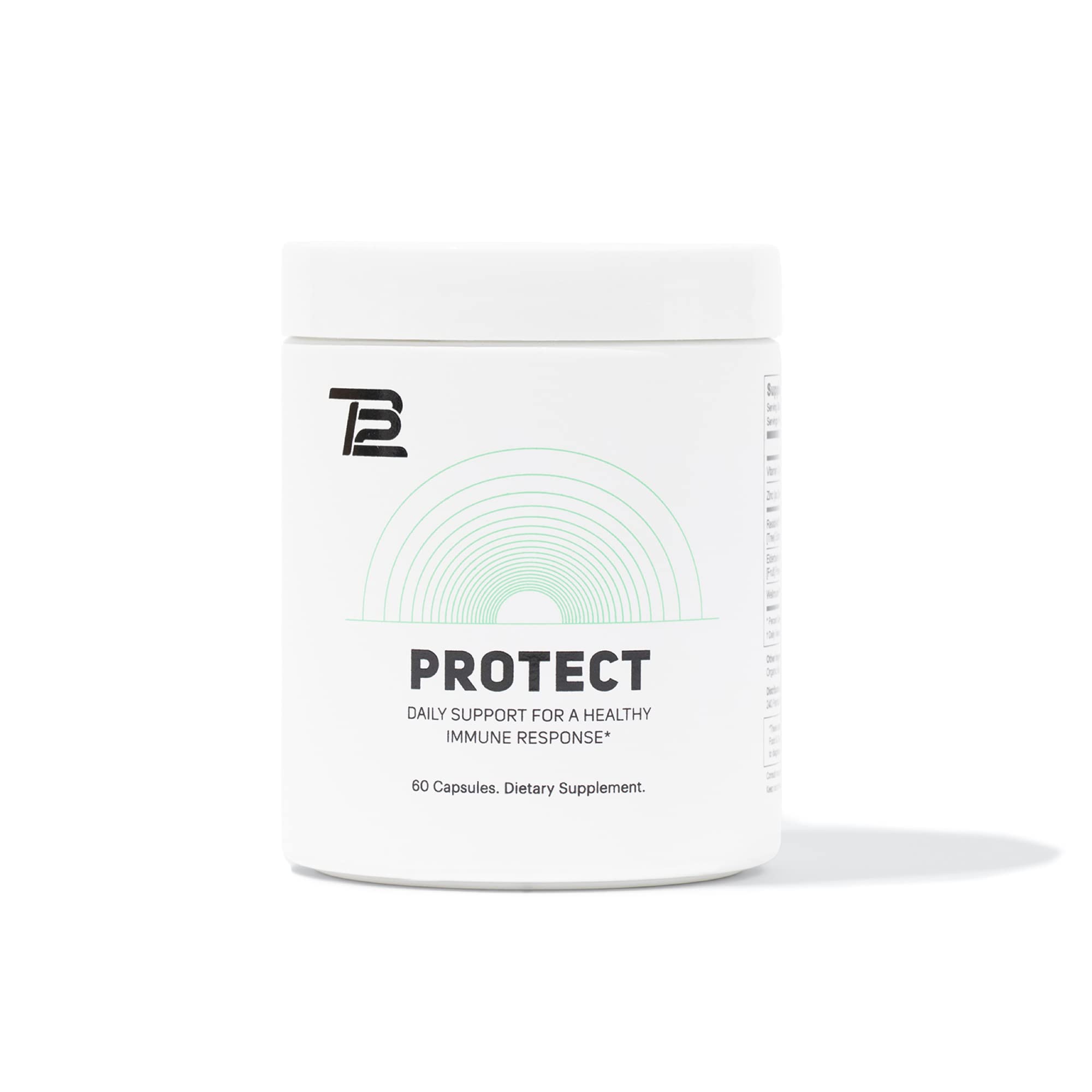 TB12 Protect bottle label highlighting a premium 5-in-1 immune support formula
