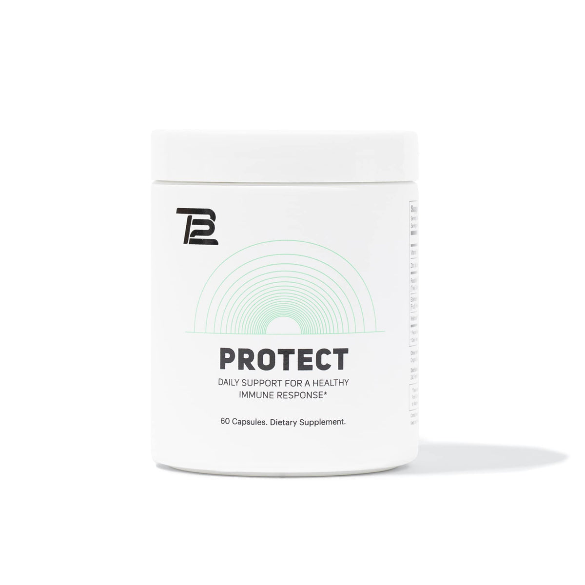TB12 Protect bottle label highlighting a premium 5-in-1 immune support formula