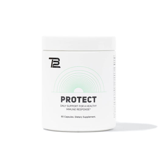 TB12 Protect bottle label highlighting a premium 5-in-1 immune support formula
