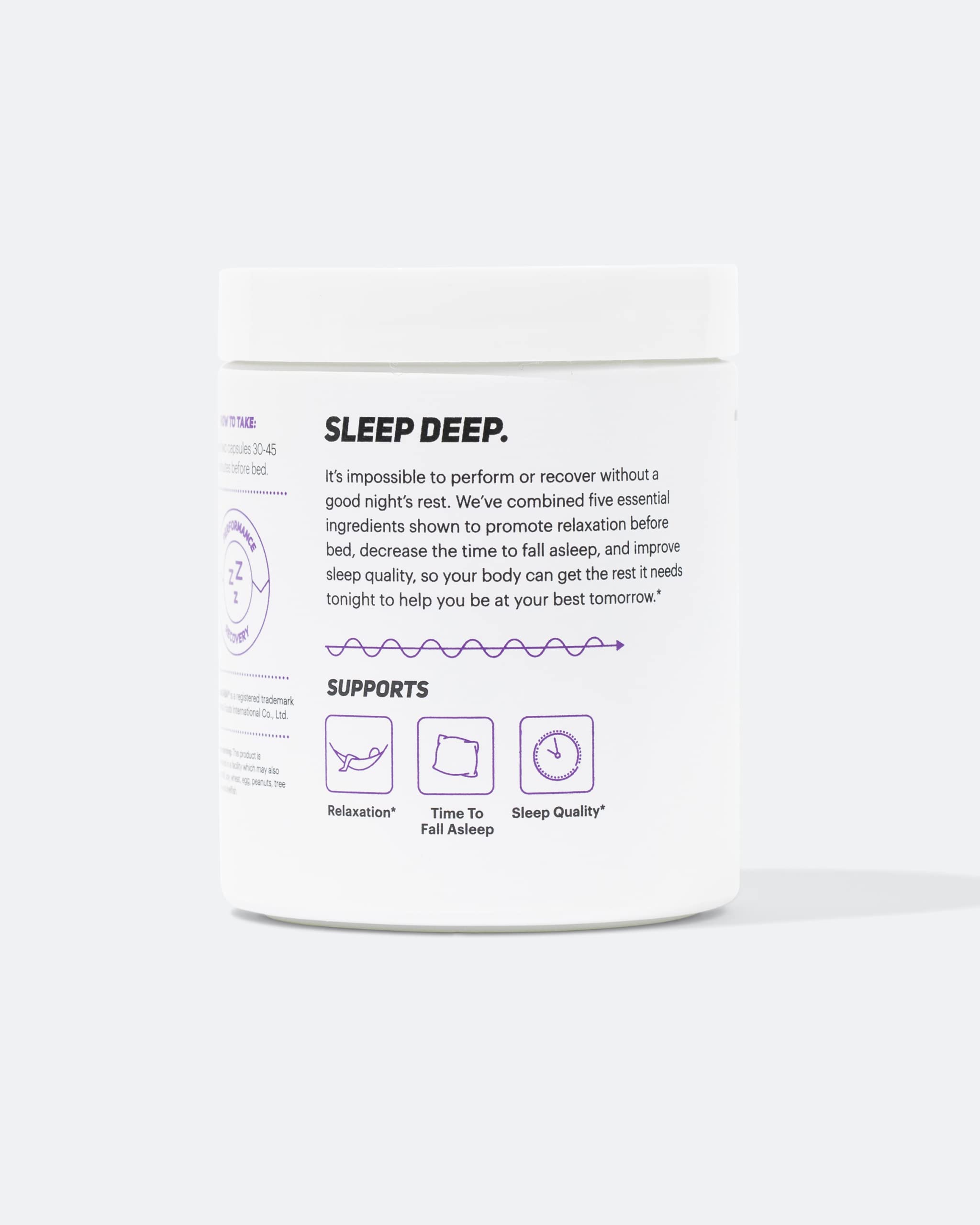 Illustration of sleep ingredients including magnesium, L-Theanine, chamomile, GABA, and melatonin