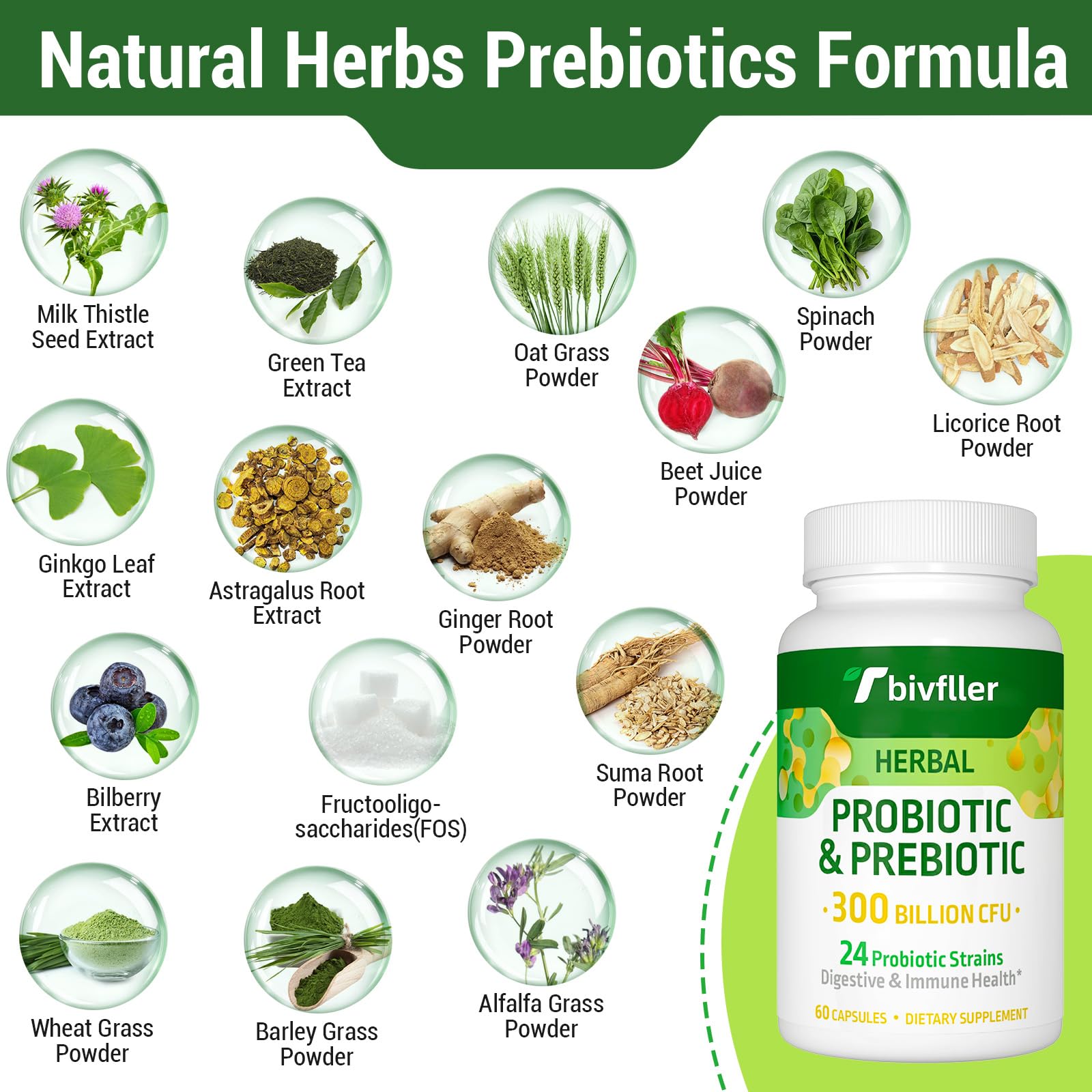 Tbivfller Probiotics 24 strains label highlights diverse gut bacteria.