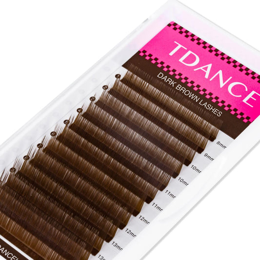 TDANCE brown mega-volume lashes in 0.07-0.15mm create lush fullness.