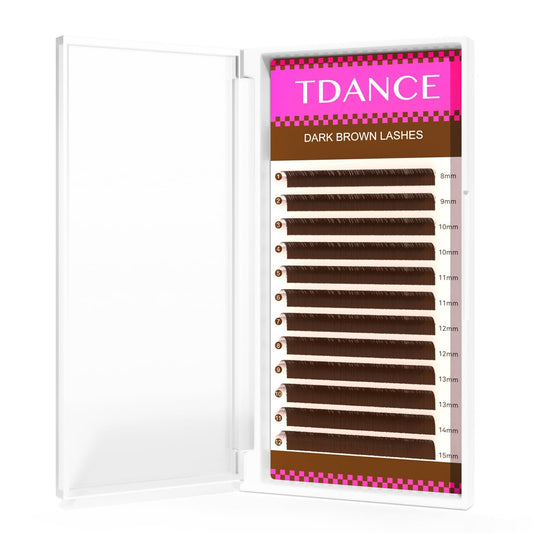 TDANCE dark brown lash extensions closeup shows rich color for natural-looking enhancement.