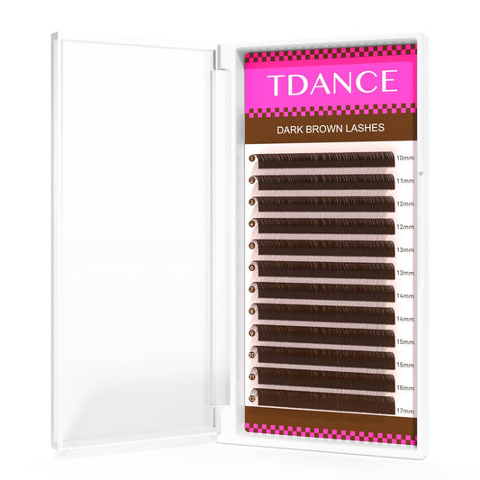 TDANCE dark brown lash extensions tray shows color variety for blended, natural-looking sets.