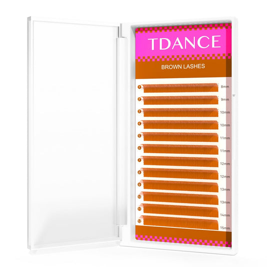 TDANCE light brown lash extensions tray showing natural-length options for blending
