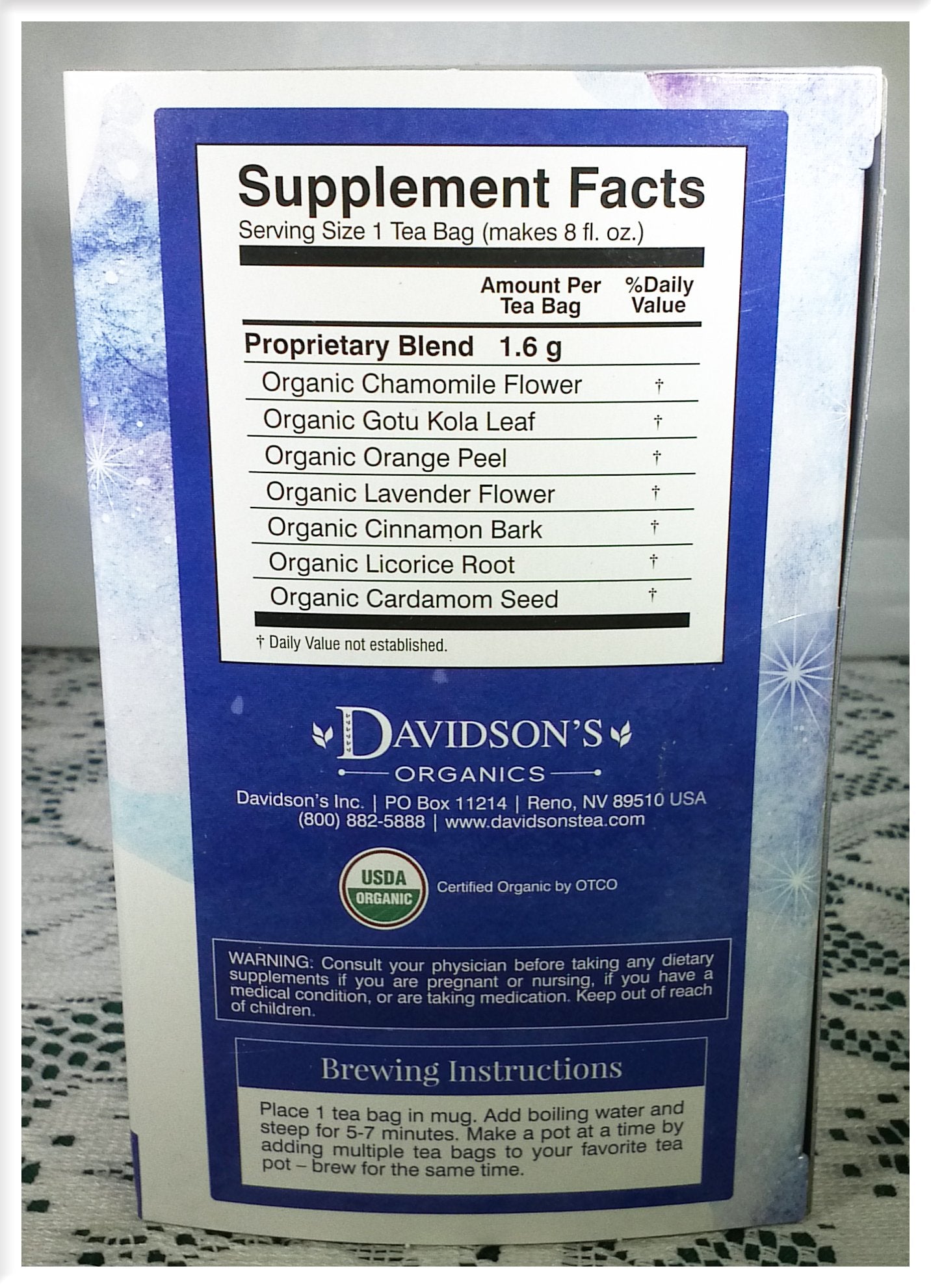 Close-up of Sleep Organic Ayurvedic Infusion tea bag with herbal blend