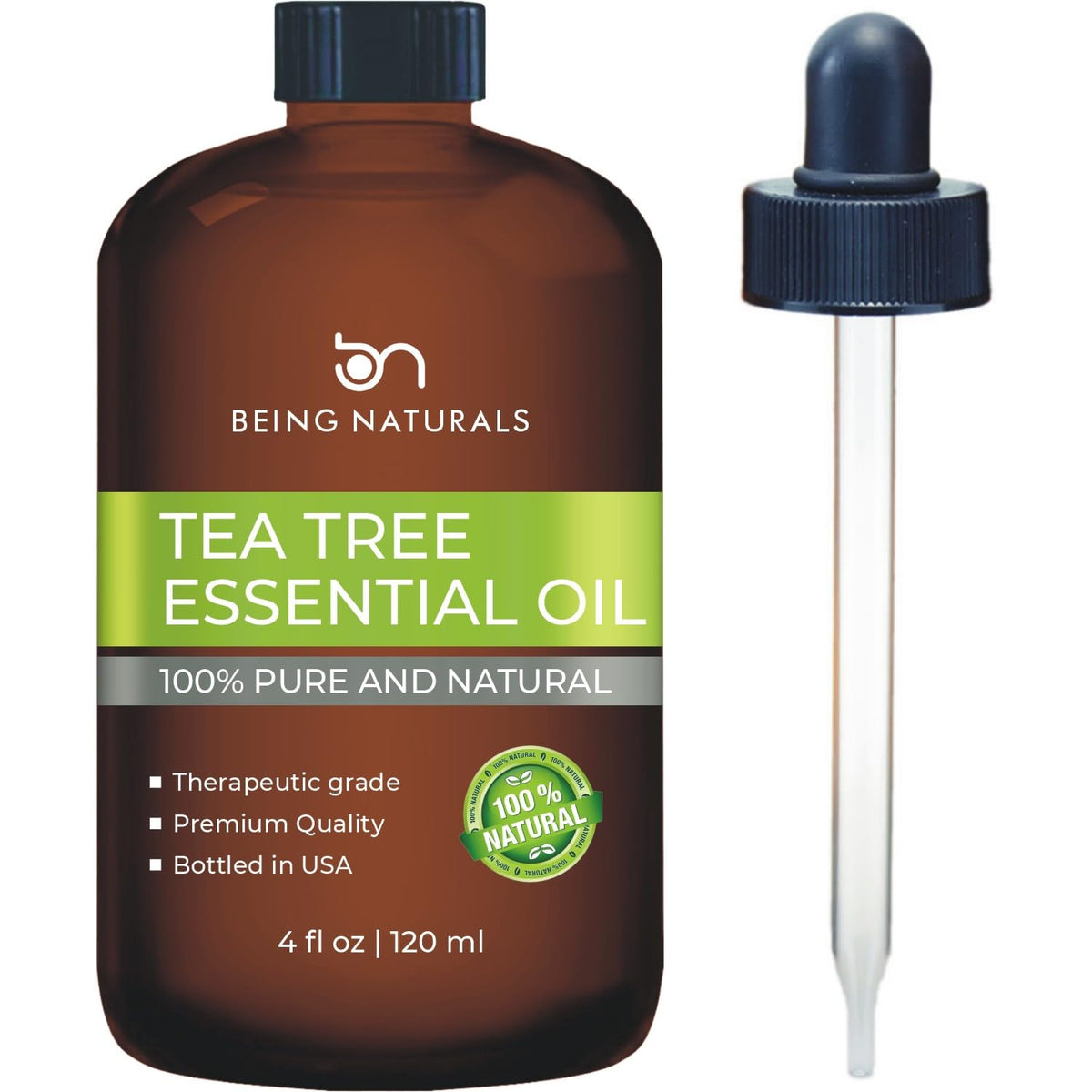Tea Tree Essential Oil 4 oz bottle with glass dropper - front view