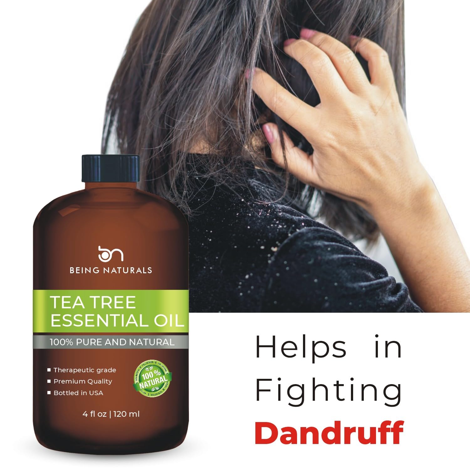 Close-up of Tea Tree Oil 4 oz bottle with glass dropper and label