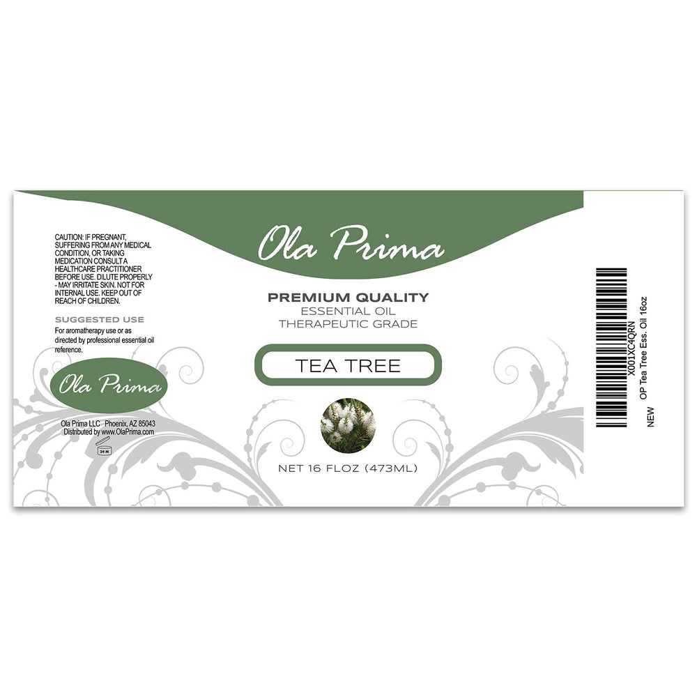 Close-up of Ola Prima Tea Tree Oil in amber bottle