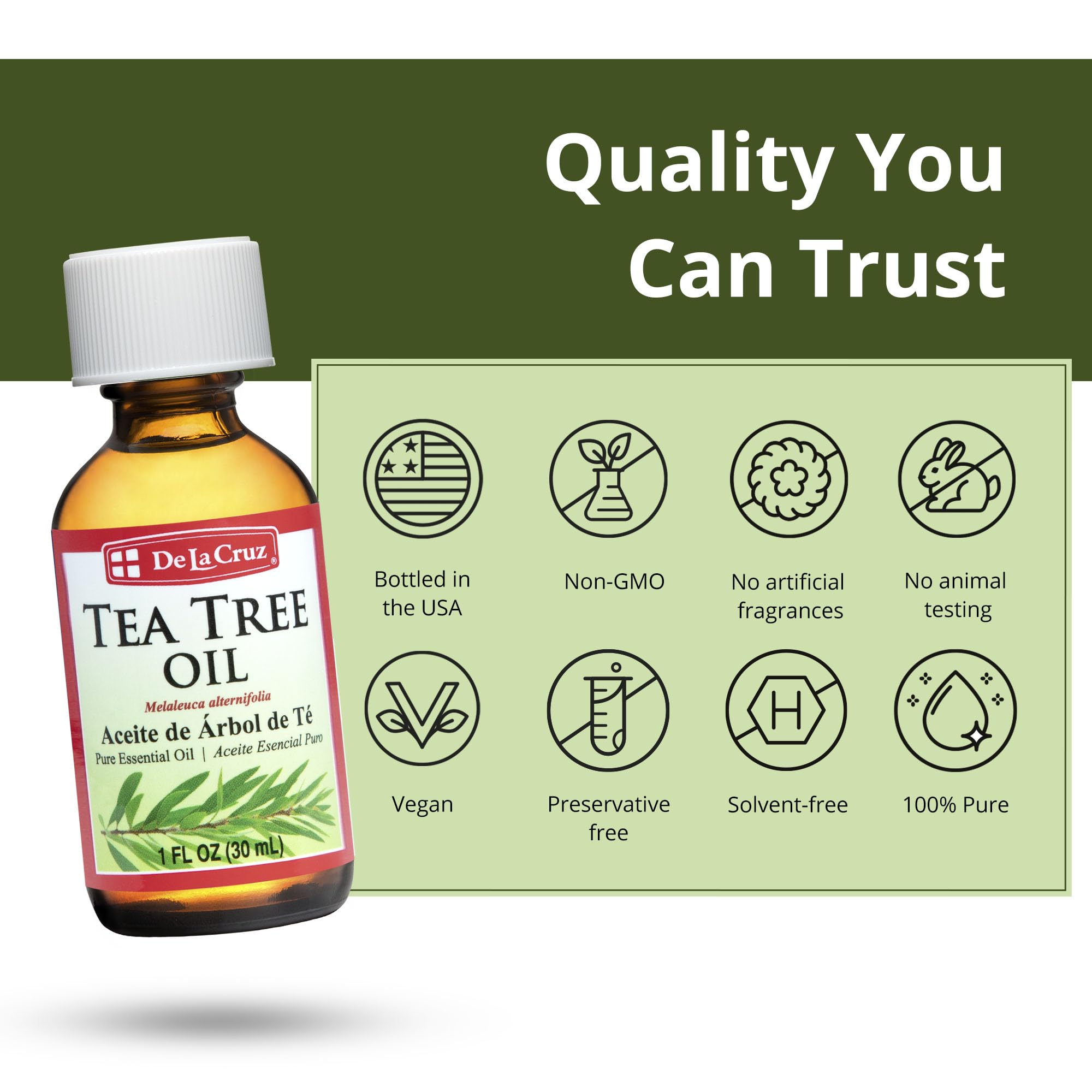 Amber glass bottle of tea tree essential oil