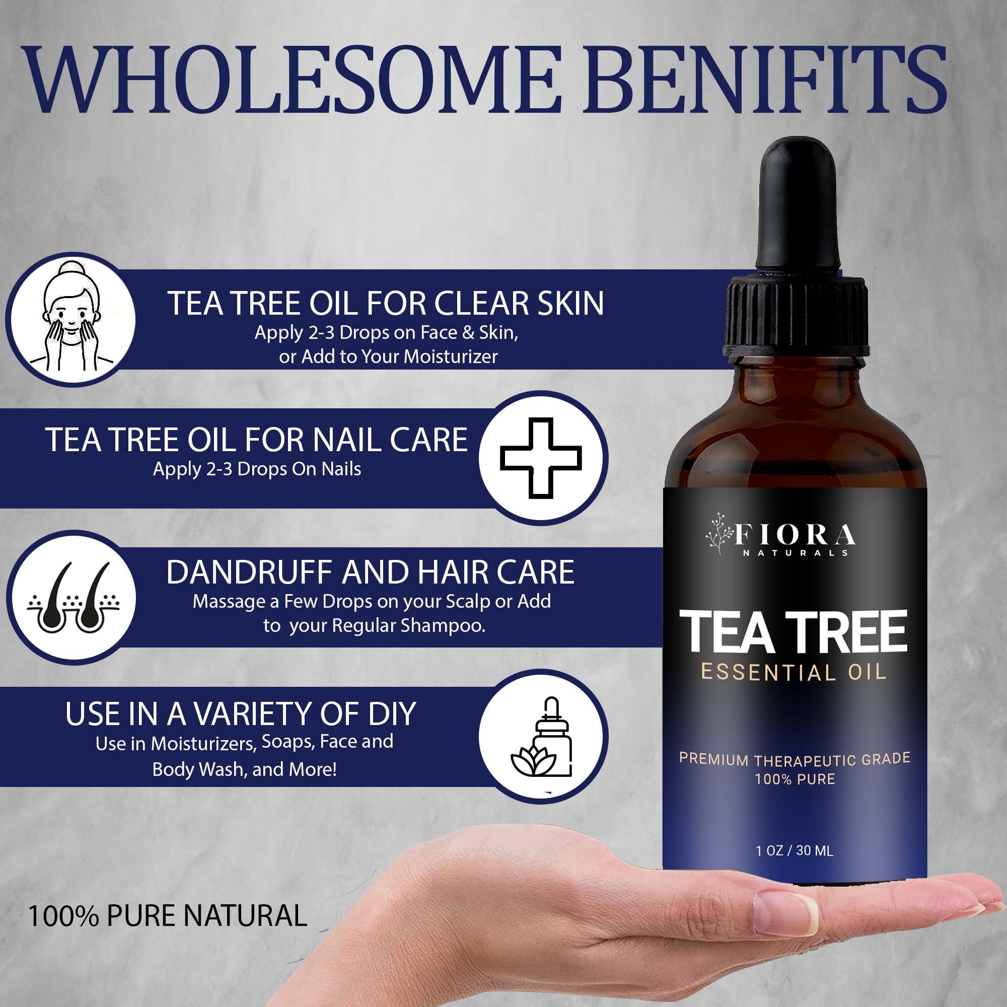 Bottle of tea tree oil with a refreshing room ambiance