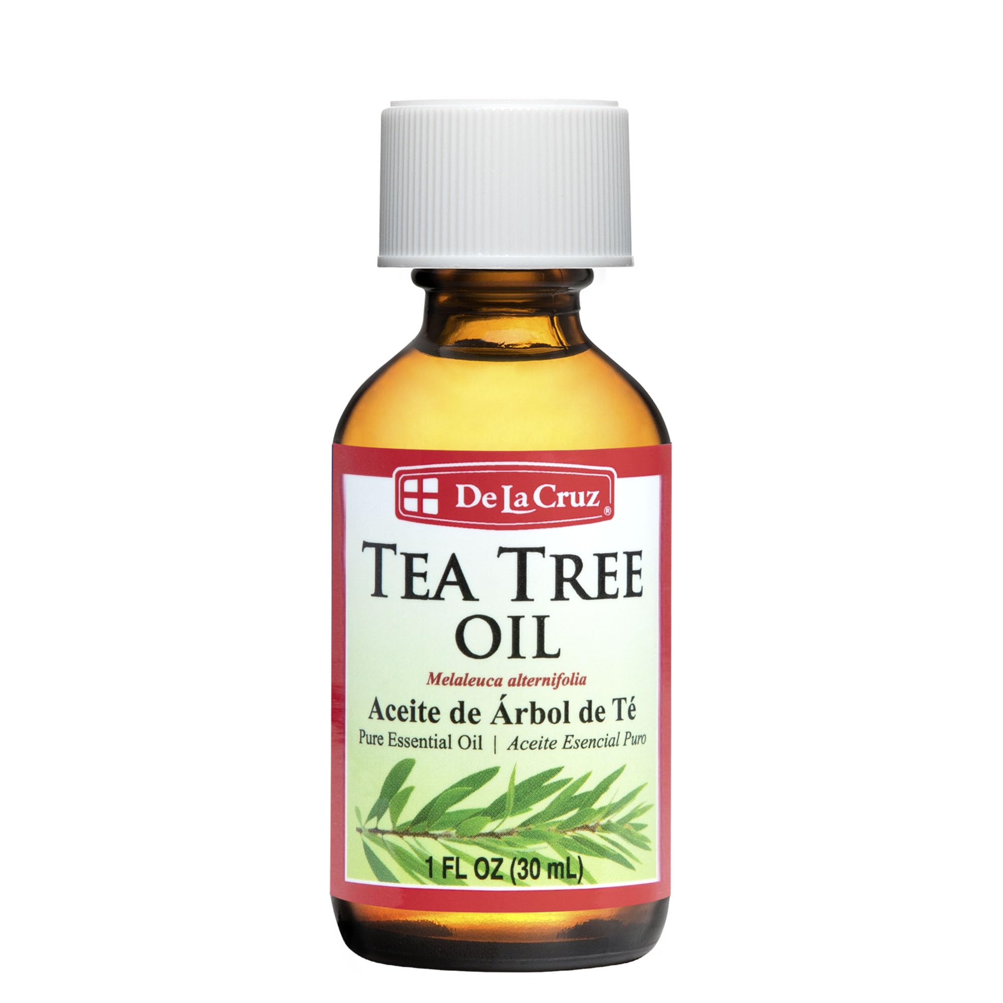 Front view of De La Cruz Tea Tree Essential Oil bottle, 1 oz