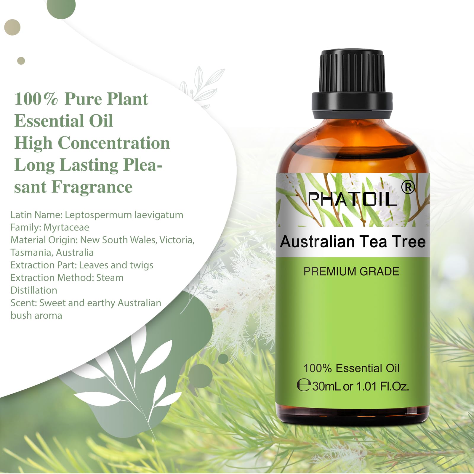 Tea tree oil bottle with built-in dropper