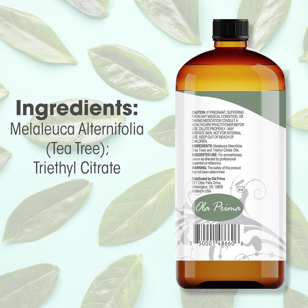 Tea tree essential oil diffuser setup featuring Ola Prima bottle