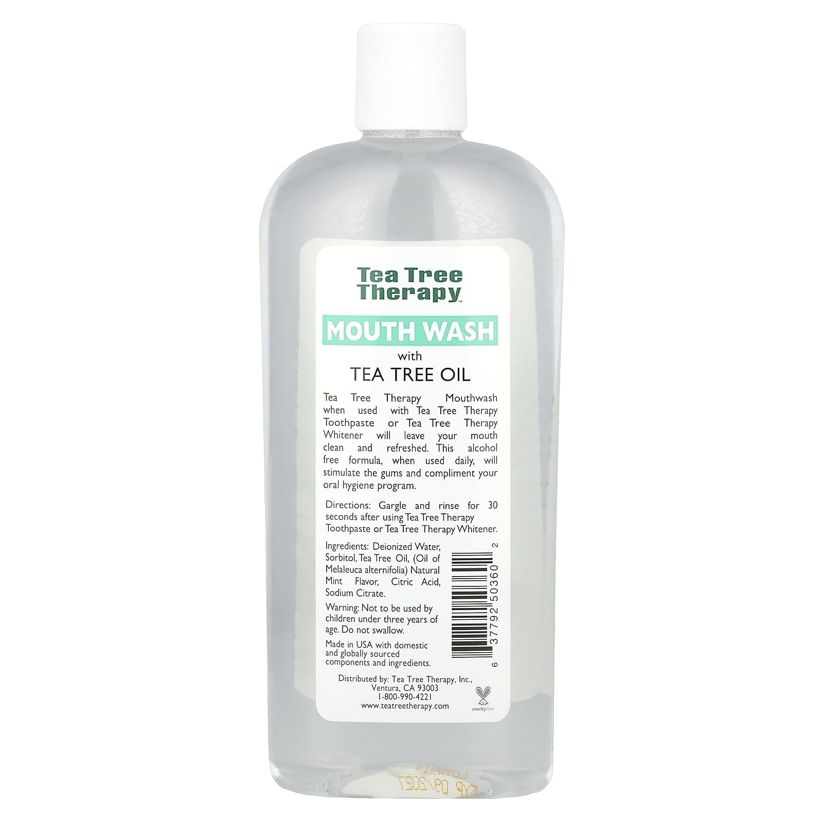 Tea Tree Therapy Mouthwash bottle side view, 12 oz
