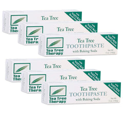 Packaging front view of Tea Tree Therapy Tea Tree Tpste,Bak Soda 5 oz 6 pk