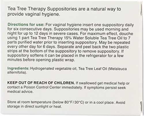 Tea Tree Therapy vaginal suppositories box highlights origin and easy at-home hygiene routines.