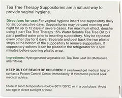 Tea Tree Therapy vaginal suppositories box highlights origin and easy at-home hygiene routines.